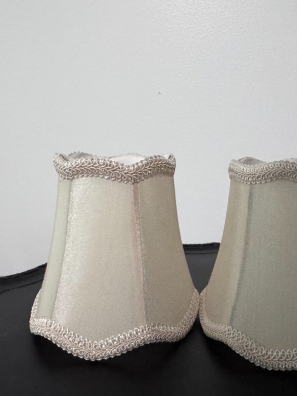 Victorian Ivory Faux-Silk Chandelier Shades (Set of 2) w/Braided Trim, Brass,New - Picture 4 of 7